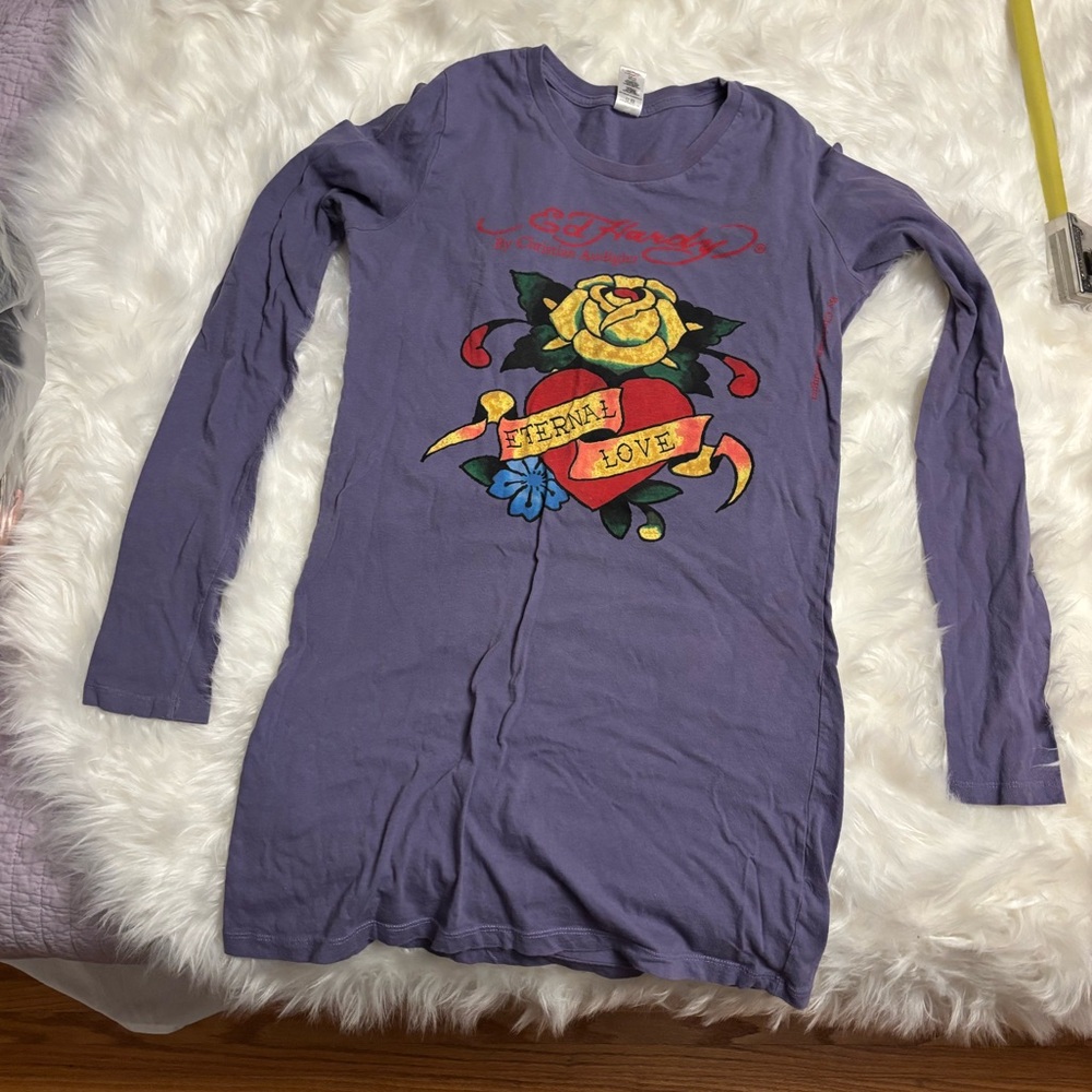Ed Hardy Purple Long Sleeve Shirt, Eternal Love, Heart Rose Tunic T-Shirt tattoo